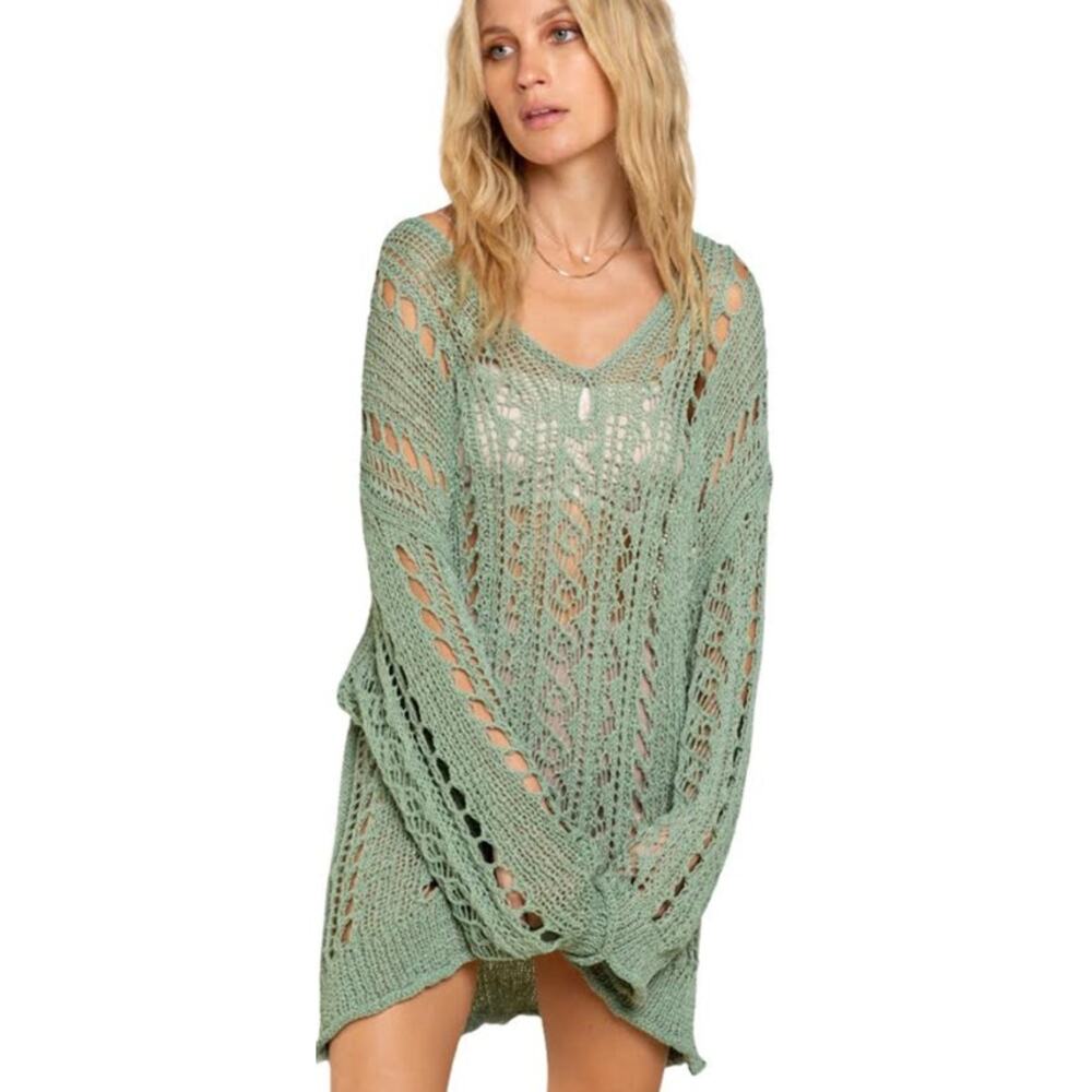 NWT POL Womens SZ S Powder Green Thin Knit Sweater Cover up swim light olive